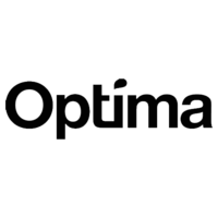 Schwarzer Schriftzug "Optima" mit einem stilisierten Akzent über dem "i". Optima Logo