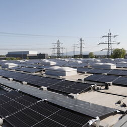 Auf einem gro&szlig;en Flachdach sind zahlreiche Solarpaneele installiert. Im Hintergrund sind Strommasten und ein Industriegeb&auml;ude zu sehen.