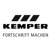 Das Bild zeigt das Kemper-Logo mit dem Slogan "FORTSCHRITT MACHEN" und einer Upload-Grafik darüber. Charakteristisch sind die diagonalen Streifen. Kemper Logo