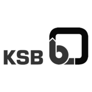 Schwarzer Schriftzug "KSB" neben stilisiertem Pfeil, der ein Quadrat bildet KSB Logo