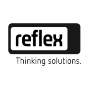 Der Schriftzug "reflex" in einer rechteckigen Form mit abgerundeten Ecken. Darunter der Slogan "Thinking solutions." in einer schlichten Schriftart. Reflex Logo