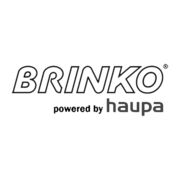 "BRINKO"-Logo mit Umrissschrift, darunter "powered by haupa" in kleinerer Schrift. Brinko Logo