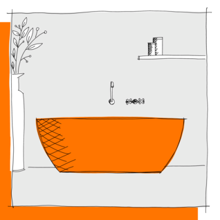 Die Illustration zeigt eine orangefarbene Badewanne mit einem Wasserhahn darüber. Links steht eine Vase mit Zweigen, rechts ein Regal mit Handtüchern. Illustration Freistehende Badewanne