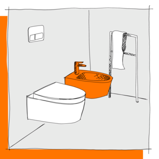 Die Illustration zeigt ein modernes Badezimmer mit einem weißen WC, einem orangefarbenen Bidet und einem Handtuchhalter, alles in einem minimalistischen Stil. Illustration Bidet