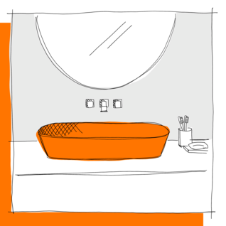 Ein modernes Badezimmer mit einem orangefarbenen, ovalen Waschbecken, einem großen runden Spiegel darüber und Zahnbürstenhalter sowie Seifenschale an der Seite. Illustration Aufsatzwaschtisch