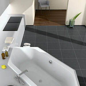 Eckbadewanne in modernem Design, umgeben von dunklen Fliesen. Integrierte Ablagen mit Accessoires und Handtüchern. Stilvolles, funktionales Badezimmerambiente. Eckbadewanne in modernem Design, umgeben von dunklen Fliesen. Integrierte Ablagen mit Accessoires und Handtüchern. Stilvolles, funktionales Badezimmerambiente.