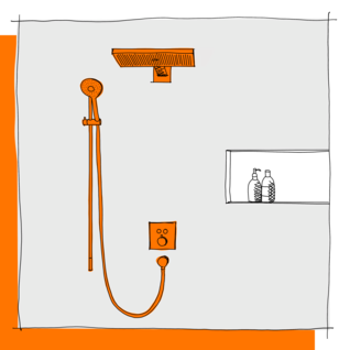 Die Illustration zeigt eine moderne Dusche mit einem orangefarbenen Regenduschkopf und einer Handbrause. Rechts ist ein Wandfach mit Duschutensilien. Illustration Armaturen für die Dusche