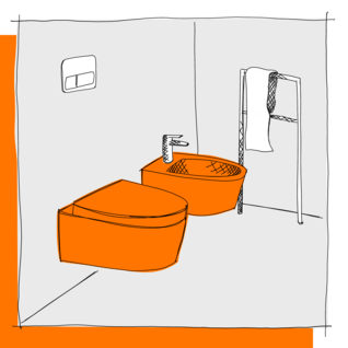 Die Illustration zeigt ein modernes Badezimmer mit einer wandmontierten Toilette und einem Bidet, beide in Orange. Ein Handtuchhalter steht daneben. Illustration WC _ Bidet-Wand oder Stand WC