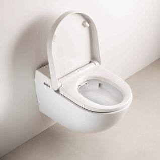 Modernes, wandh&auml;ngendes WC in schlichtem Wei&szlig;. Minimalistisches Design, passt gut in ein zeitgen&ouml;ssisches Badezimmer. Platzsparend und elegant.