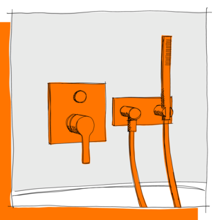 Die Illustration zeigt eine moderne Armatur mit einem Einhebelmischer und einer Handbrause, beide in Orange. Sie sind an der Wand montiert und wirken stilvoll und funktional. Illustration Unterputzarmatur