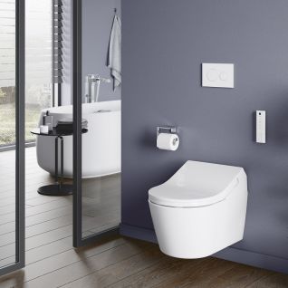 Modernes Badezimmer mit lila Wand, wandh&auml;ngendem WC und integriertem Bedienfeld. Holzfu&szlig;boden, angrenzender Raum mit freistehender Badewanne, gro&szlig;e Fensterfronten mit viel nat&uuml;rlichem Licht.