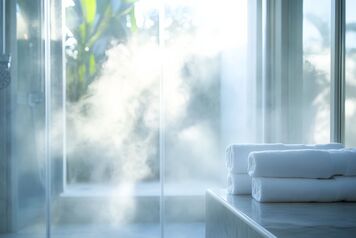 Ein dampfendes Badezimmer mit gefalteten wei&szlig;en Handt&uuml;chern und viel nat&uuml;rlichem Licht von gro&szlig;en Fenstern.