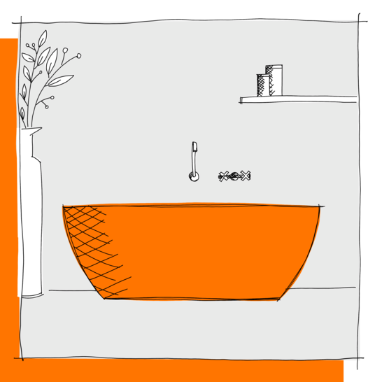 Die Illustration zeigt eine orangefarbene Badewanne mit einem Wasserhahn darüber. Links steht eine Vase mit Zweigen, rechts ein Regal mit Handtüchern. Illustration Freistehende Badewanne