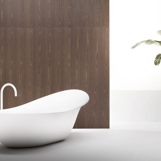 Minimalistisches Badezimmer mit eleganter, freistehender Badewanne vor einer dunklen Holzwand. Einfache, saubere Linien und eine Pflanze als natürlicher Akzent. Minimalistisches Badezimmer mit eleganter, freistehender Badewanne vor einer dunklen Holzwand. Einfache, saubere Linien und eine Pflanze als natürlicher Akzent.