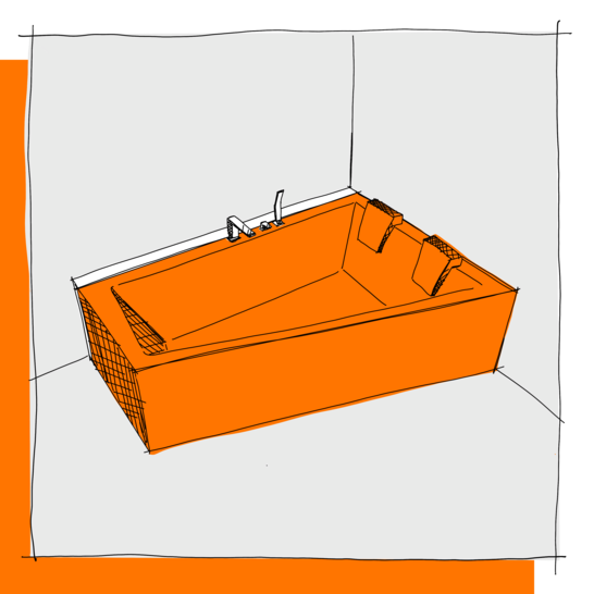 Die Illustration zeigt eine rechteckige Badewanne in Orange mit zwei Kopfstützen. Sie ist in einer Ecke des Badezimmers platziert und hat moderne Armaturen. Illustartion Eckbadewanne