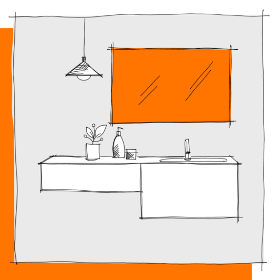 Die Illustration zeigt ein Badezimmer mit einem Waschbecken, einem orangefarbenen Spiegel und einer Hängelampe. Auf der Ablage stehen Pflanzen und Badutensilien. Illustration Spiegelschrank