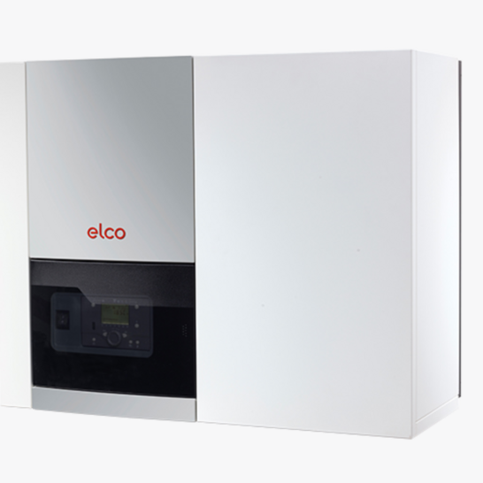 Ein eleganter, weißer Heizkessel von Elco mit digitalem Display auf der linken Seite, kompakt und stilvoll im Design Elco Gasheizung