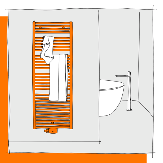 Eine Skizze eines Badezimmers mit einem orangefarbenen Handtuchheizkörper, an dem Handtücher hängen. Daneben ist ein Teil einer Badewanne und ein hoher Wasserhahn zu sehen. Illustration  Badheizkörper
