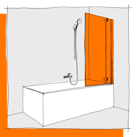 Die Illustration zeigt eine Badewanne mit einer Duscharmatur. An der Seite befindet sich eine orangefarbene Duschabtrennung Illustration Wannenfaltwand