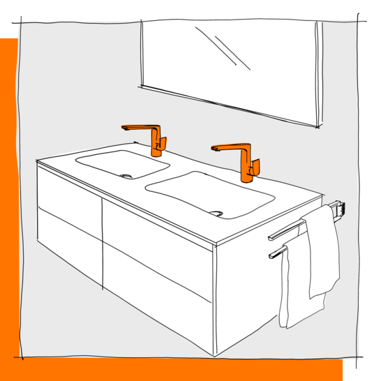 Eine Skizze eines Badezimmers mit einem Doppelwaschbecken und zwei orangefarbenen Wasserhähnen. Es gibt auch einen Spiegel darüber und ein Handtuch an der Seite. Illustration Waschbecken - Armaturen