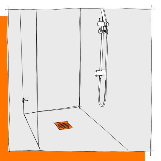 Die Illustration zeigt eine moderne Dusche mit einem Duschkopf und einer Stange. Der Boden hat einen orangefarbenen Abfluss. Illustration Dusche Bodenablauf