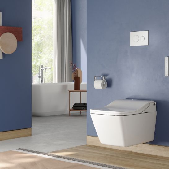 Badezimmer mit blauen W&auml;nden, wandh&auml;ngendem WC, freistehender Badewanne und dekorativen Akzenten. Viel nat&uuml;rliches Licht sorgt f&uuml;r Helligkeit.