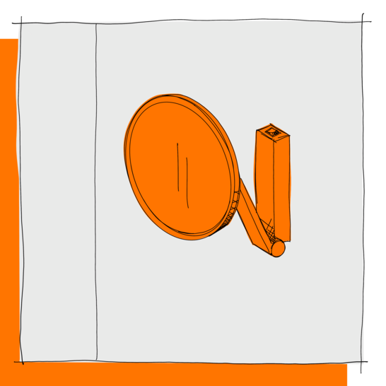 Die Illustration zeigt einen orangefarbenen, an der Wand montierten Vergrößerungsspiegel mit einem schwenkbaren Arm. Illustration Kosmetikspiegel