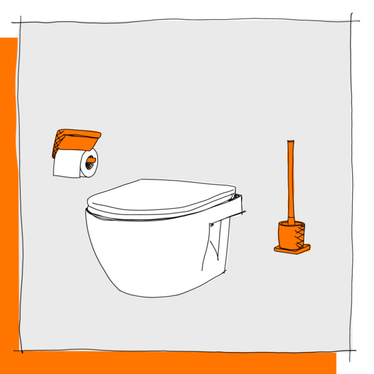 Eine Skizze zeigt ein Wand-WC mit Toilettenpapierhalter und einer Toilettenbürste daneben, beide mit orangefarbenen Akzenten. Illustration Accessoires WC Rollenhalter WC-Bürste