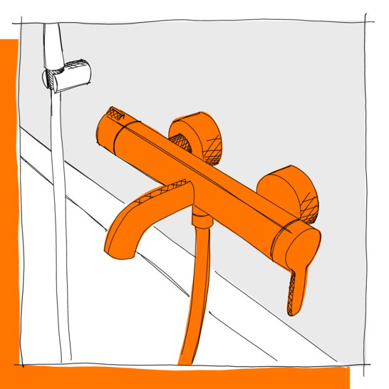 Die Illustration zeigt eine Badewannenarmatur Aufputz in Orange mit einem Hebelgriff und einer Duschhalterung an der Wand Illustration Armaturen  Badewanne Aufputz
