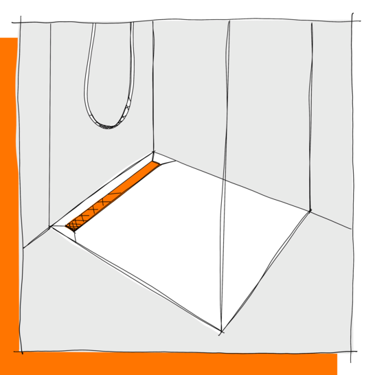 Die Illustration zeigt eine minimalistische Dusche mit einem weißen Boden und einem orangefarbenen Abflussbereich. Ein Duschkopf ist an der Wand angebracht. Illustration Duschrinne