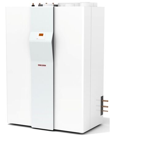 Ein modernes, weißes Heizsystem von Stiebel Eltron mit digitalem Display und schlichter Bauweise. Es hat seitliche Anschlüsse und ein minimalistisches Design. Luft Wasser Wärmepumpe Innenaufstellung