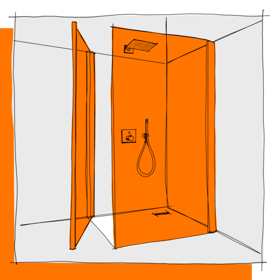Eine Skizze zeigt eine Dusche mit orangefarbenen Wänden und Boden. Es gibt einen Duschkopf an der Decke und eine Handbrause an der Wand. Illustration Duschabtrennung