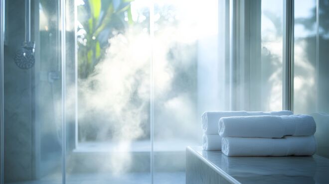 Ein dampfendes Badezimmer mit gefalteten weißen Handtüchern und viel natürlichem Licht von großen Fenstern. Ein dampfendes Badezimmer mit gefalteten weißen Handtüchern und viel natürlichem Licht von großen Fenstern.