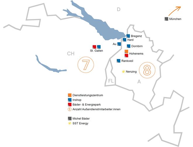 Landkarte zeigt Standorte in Vorarlberg und St. Gallen: Dienstleistungszentren, Inshops, Bäder- und Energieparks. Mitarbeiterzahlen Landkarte zeigt Standorte in Vorarlberg und St. Gallen: Dienstleistungszentren, Inshops, Bäder- und Energieparks. Mitarbeiterzahlen